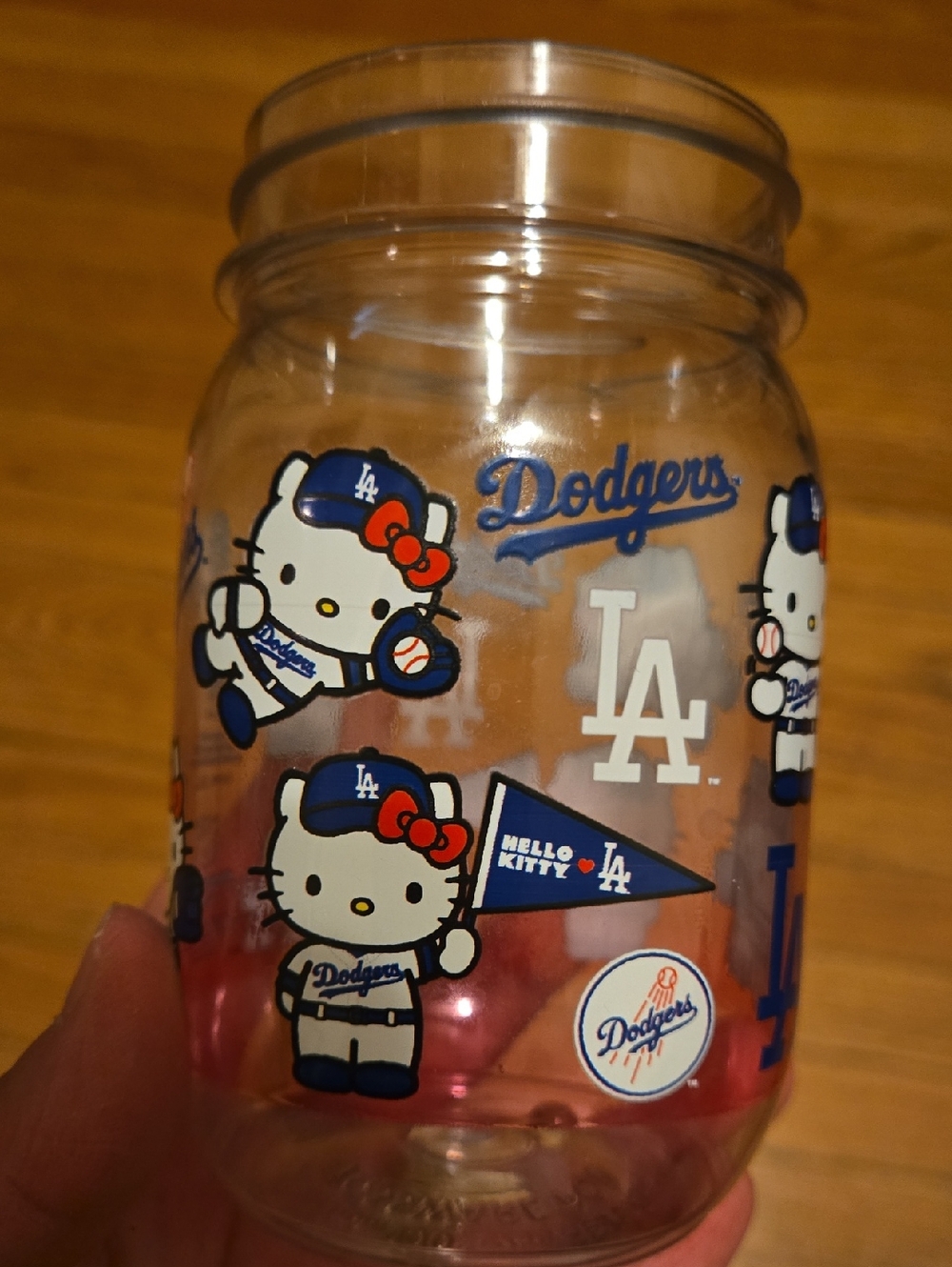Hello Kitty Dodgers Clear Jar with Blue and Red Accents